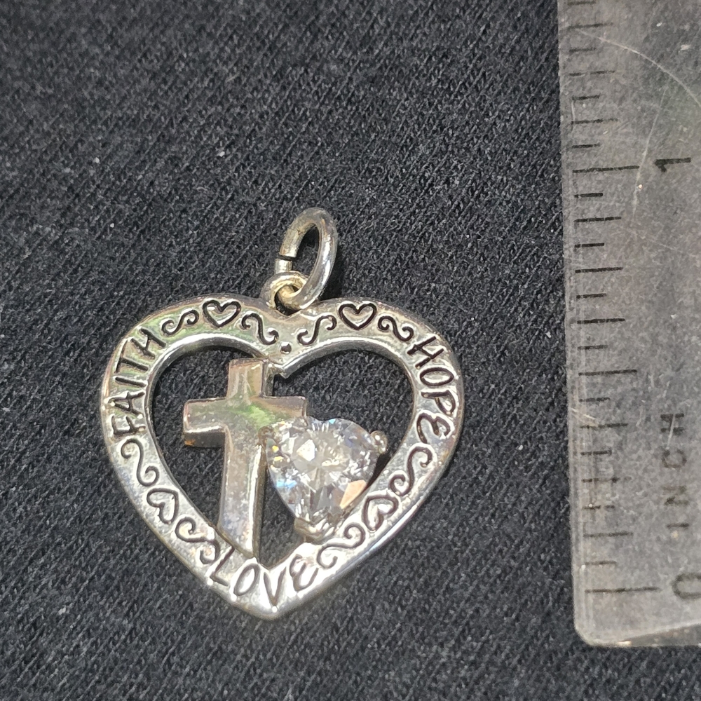 Silver Heart Pendant with Cross and Crystal Accent - Picture 6 of 8